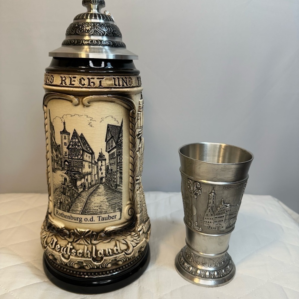Rothenburg German Beer Stein Rustic Natural With Silver Tone Pewter Cup Vintage - Picture 12 of 15